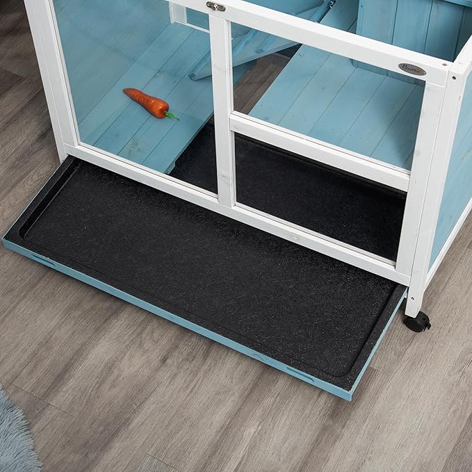 PawHut Rabbit Hutch with Wheels, Desk and Side Table Sized, Wooden Rabbit Cage, Waterproof Small Bunny Cage with Removable Tray, Openable Roof, for Indoor & Outdoor, Light Blue
