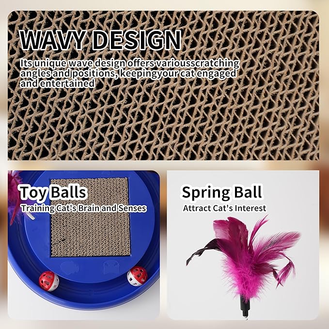 Interactive Cat Ball Track Toy Cat Scratcher with 2 Self-Rotating Balls and 1 Kitten Interactive Toy,Durable Scratch Pad for Indoor Play,Cardboard Scratcher Pad 3-in-1 Cat Toy (Blue)