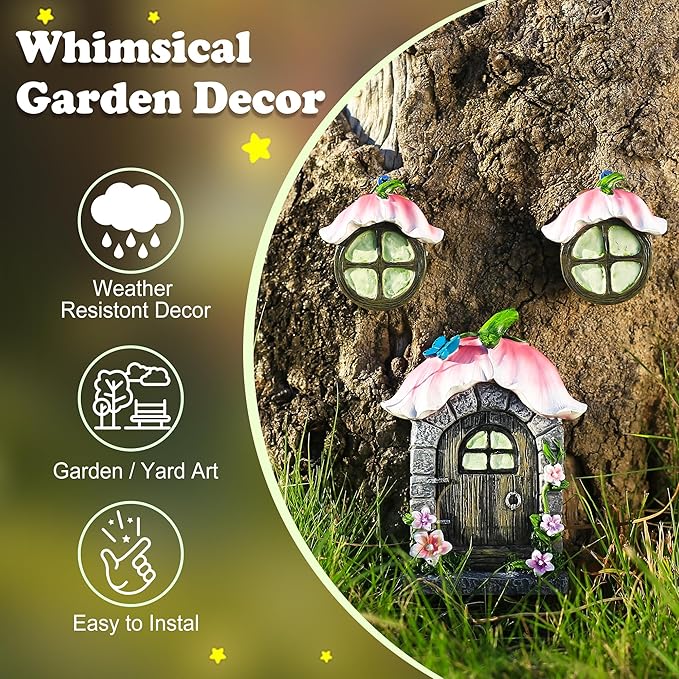 Attivolife Fairy Door and Windows for Outdoor - Glow in The Dark Treehouse Garden Lawn Decor Magical Yard Art Resin Sculpture Fairies House Kit Gift for Kids Girl Women Plant Lovers