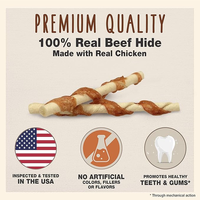 Cadet Gourmet Beef Hide Twist Chew Sticks, Long Lasting & Natural Chew Treats for Dogs, Inspected & Tested in USA, Chicken Flavor (14 Count)