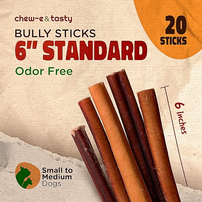 chew-e&tasty 6 Inch Bully Sticks for Dogs (Pack of 20) - Natural, USDA Certified & Odor Free Bully Sticks - Made of Fully Digestible High Protein & Low Fats Dog Bully Sticks for Medium Dogs