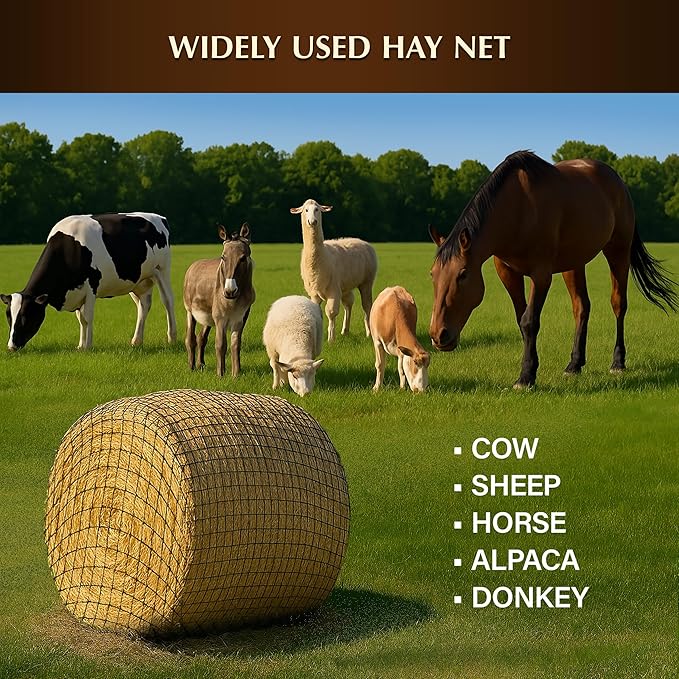 Round Bale Hay Net for Horses 5x5 ft, Knotless Slow Feed Hay Net Feeder with 2” Holes, Fits 4x5 and 5x5 Round Bales, Stackable 2 and 3-String Square Bales, Heavy Duty Livestock Hay Feeder Net