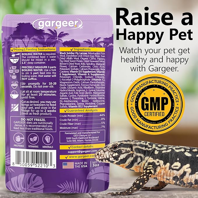 3oz Tegu Lizard Food. Complete Gel Diet for Both Juveniles and Adults. Proudly Made in The USA, Using Premium Ingredients, Fortified Gourmet Formula. Enjoy!