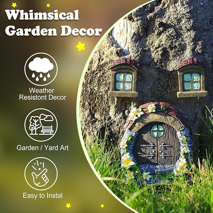 Attivolife Fairy Door and Window for Tree Glow in The Dark - Outdoor Miniature Fairy Garden Decor Weatherproof Resin Treehouse Yard Art Accessories Sculpture for Tree Trunks Fairy House Kit for Gnome