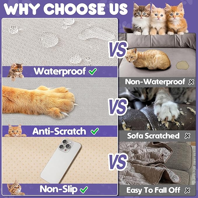 Cat Scratch Furniture Protector - Anti-Slip, Waterproof Sofa Cover to Keep Cats Off, Pet-Friendly Couch Protectors for 3 Cushion Couch, Beige Anti-Scratch Couch Cover for Pets and Kids 134"X71"