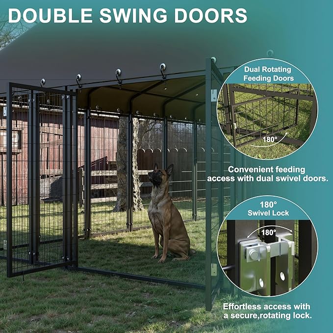 10 x 14 FT Large Outdoor Dog Kennel with Double Swing Doors, Heavy-Duty Dog Cage with Feeding Panel, Weatherproof Roof, Secure Fence Playpen for Large Dogs, Easy Assembly