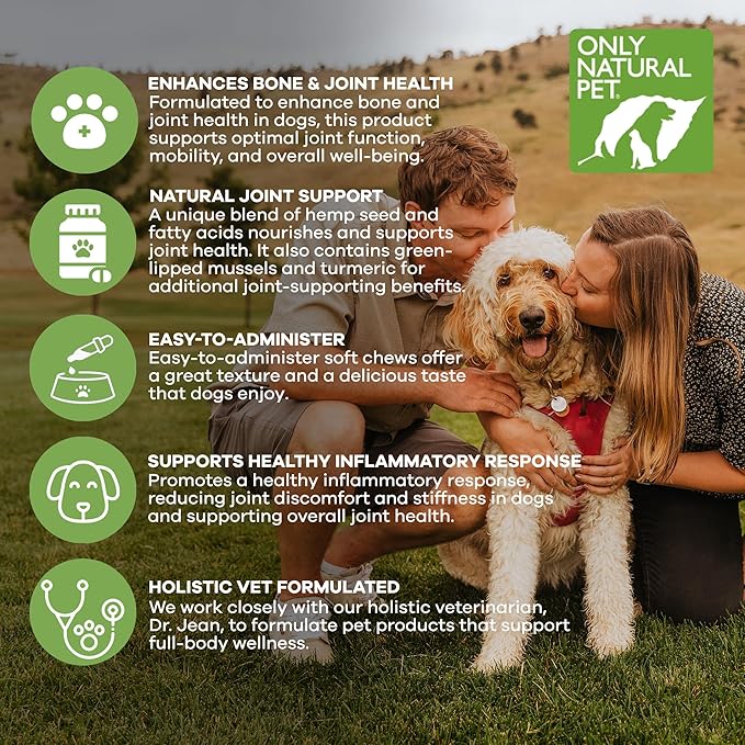 Only Natural Pet Hemp Hip & Joint Support for Dogs - Supplement for Mobility Wellness Pain Relief Healthy Inflammatory & Bone Stiffness - Chews w/Fatty Acid Blend Mussels & Turmeric - 120 Count (H/J)