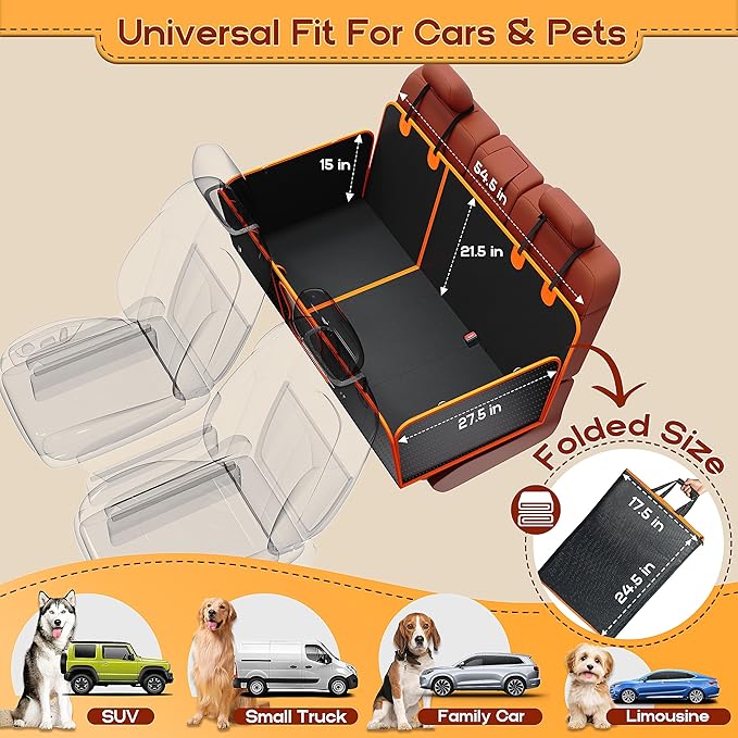 Dog Car Seat Cover for Back Seat, Upgraded PU Leather Back Seat Extender with Hard Bottom Holds 440lbs, Waterproof Anti-Scratch Pet Backseat Protector Dog Hammock for Car, SUV & Small Truck