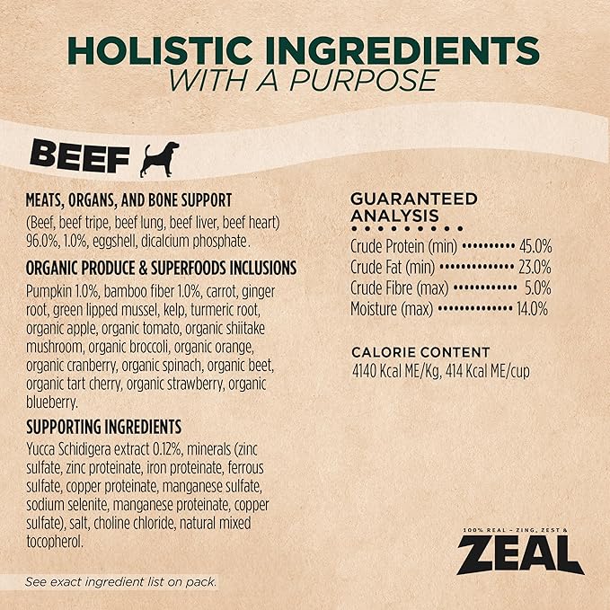 ZEAL Canada Air-Dried Beef Recipe for Dogs - High Protein, Natural Superfoods, Nutrient Rich, No Fillers, Grain Free, Complete & Balanced (Beef, 2.2 lb)