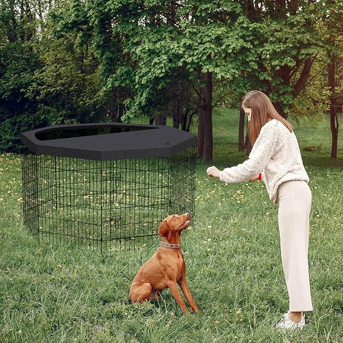 Peekaboo Pet Playpen Dog Fence Foldable Metal Dog Pen Wire Exercise Puppy Play Yard Pet Enclosure Indoor Outdoor 8 Panels 36 Inch with Bottom Pad/Top Cover(Black 36 top Cover)