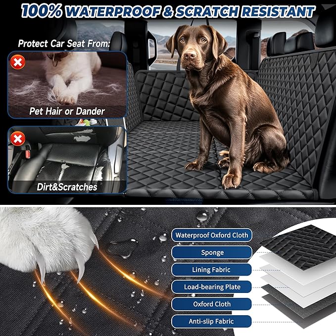 XXL Dog Truck Seat Cover for Back Seat, Hard Bottom Backseat Extender for Car, Holds 400 lbs, Pet Seat Covers for Large Dogs, 100% Waterproof, Dog Car Bed Protector Hammock for Crew Cab Truck SUV F150