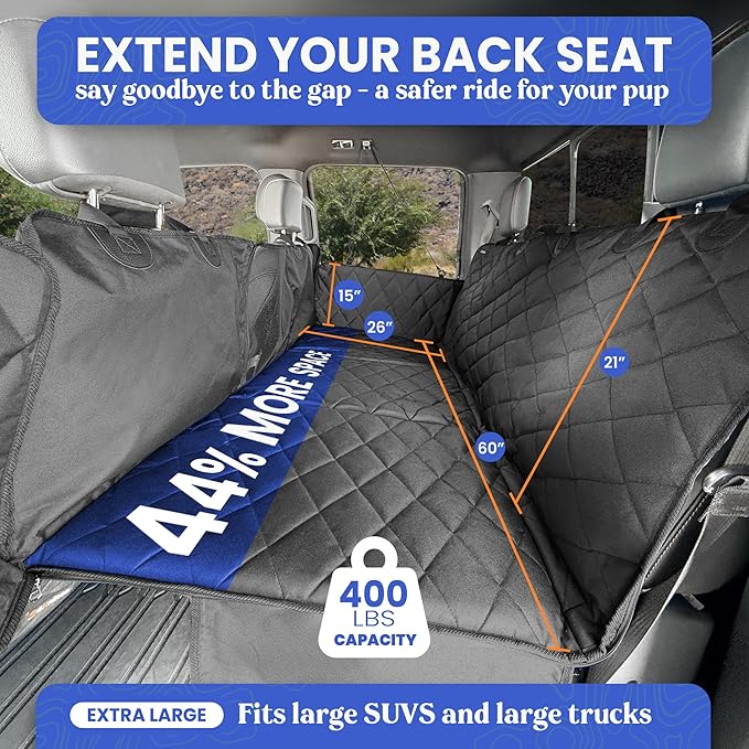 4Knines Hard Bottom Back Seat Extender for Dogs – Waterproof Dog Car Seat Cover – Heavy Duty Backseat Protector for Cars, SUVs, Trucks – Built-in EZ Open Door Protector (Patent Pending) Black, XLarge
