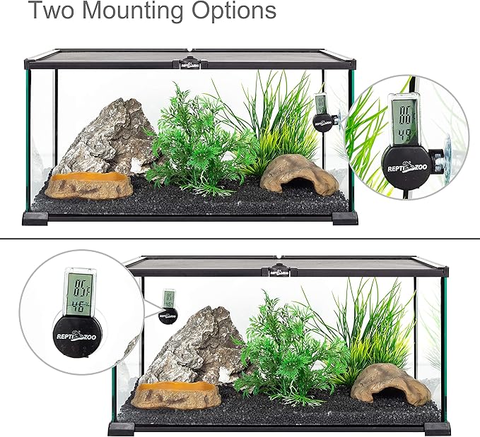 REPTI ZOO 2 Pack Reptile Terrarium Thermometer Hygrometer Digital Display Pet Rearing Box Reptiles Tank Thermometer Hygrometer with Suction Cup