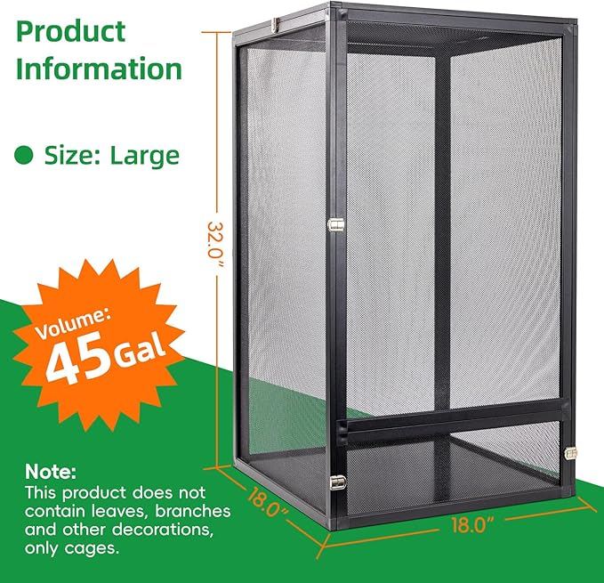 45 Gal Detachable and Foldable Reptile Butterfly Cage Terrarium, 360° Observation, Airflow, Interaction in Gecko Tank for Crested Geckos, Leopard Geckos, Chameleons, Bearded Dragons