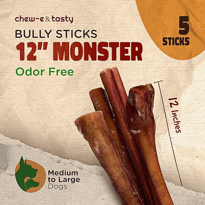 chew-e&tasty 12" Monster Odor Free Bully Sticks (Pack of 5) - Long Lasting Beef Chews - 100% Beef Single Ingredient Made of Digestible High Protein & Low Fat Dental Treats for Large - Very Large Dogs