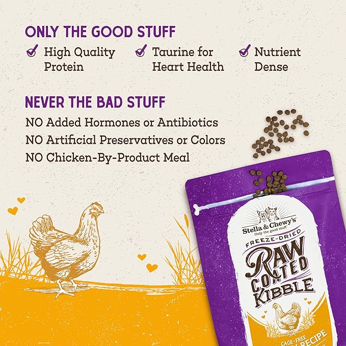 Stella & Chewy's Raw Coated Cat Food - High Protein, Grain-Free Kibble with Cage-Free Chicken - Premium Digestive Support with Probiotics - Natural Small Kibble - Perfect For Picky Eaters - 10 lb Bag