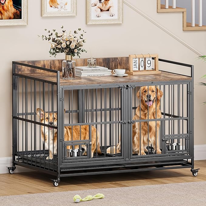 YITAHOME 37.5'' Heavy Duty Dog Crate with Removable Divider, Double Doors & Locks Design, Furniture Style Large Dog Crate with 360° Rotatable Dog Bowls & 360° Wheels & 2 Trays for Small/Medium Dog