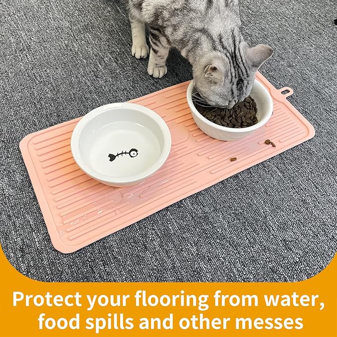 Ptlom Pet Placemat for Dog and Cat, Mat for Prevent Food and Water Overflow, Suitable for Medium and Small Pet, Pink, Silicone