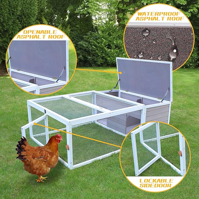 Chicken Coop with Run, 60” Rabbit Hutch Outdoor, Large Tortoise Habitat Pet Cage Wood Small Animal Poultry Cage Run with Waterproof Asphalt & Openable Roof and Side Door