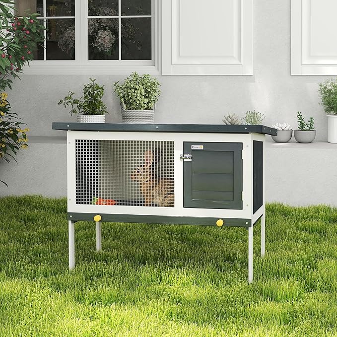 PawHut 35" Wooden Rabbit Hutch Indoor, Bunny Cage Outdoor, Guinea Pig House with Pull-Out Tray, and Openable Asphalt Roof, Black