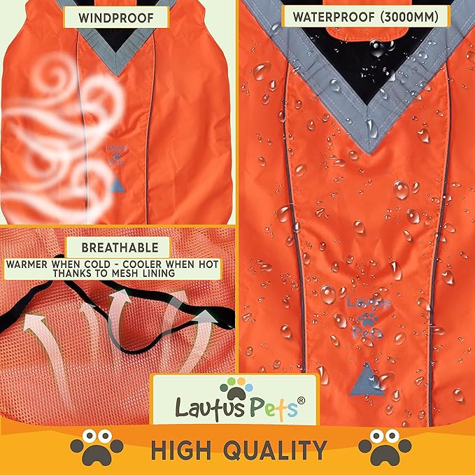 Dog Rain Coat - Waterproof, Reflective, Bright Orange with Leash Hole (M, Orange)