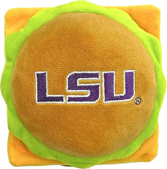 NCAA LSU Tigers Cheeseburger Plush Dog & CAT Squeak Toy- Cutest Stadium Hamburger Snack Plush Toy for Dogs & Cats with Inner Squeaker & Beautiful Football/Basketball Team Name/Logo