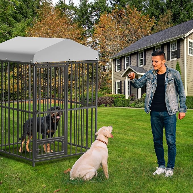 4X4x6FT Large Outdoor Dog Kennel with Swivel Feeder & UV-Resistant Waterproof Roof Covered, Heavy Duty Dog Cage Playpen for Medium and Large Dogs, Easy Assembly