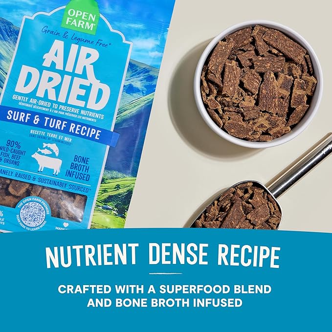 Open Farm, Air Dried Dog Food Infused with Bone Broth, Grain & Legume Free, Complete Meal or Food Topper, Surf & Turf Recipe, 1lb Bag