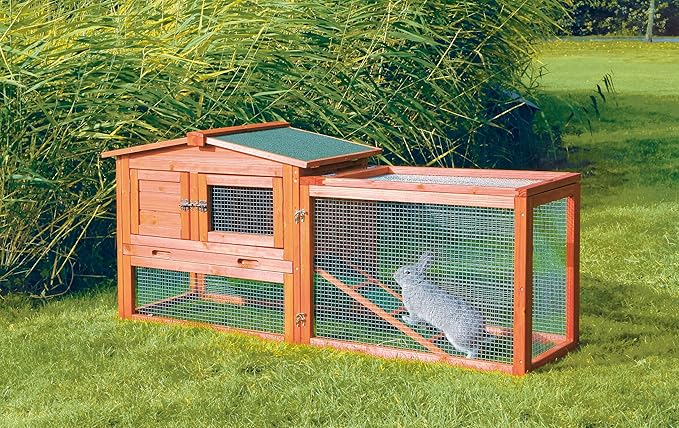 TRIXIE natura Outdoor Rabbit Hutch with Run - Small Elevated Rabbit Cage with Non-Slip Ramp - Small Animal House with Large Playpen, Hinged Roof & Pull-Out Tray - in Natural