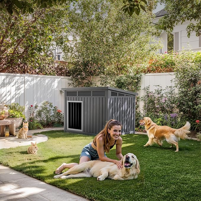 ROJIK Large Dog House Outdoor Indoor Weatherproof with Removable Roof Raised Base Plate,Pet House Weatherproof for Small to X-Large Dogs,Easy to Clean and Lightweight(42.87 * 32.95 * 31.61inch,Black)