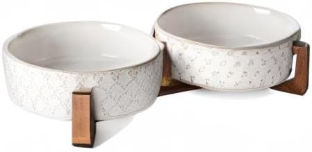 LE TAUCI Dog Bowl Set with Acacia Wood Stand - 1.5-Cup Ceramic Puppy Bowls for Small Dogs, Dual Food and Water Bowls with Weighted Non-Slip Base, Clover