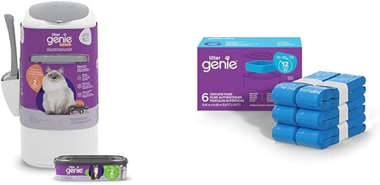 Litter Genie Style Pail | Cat Litter Waste Disposal System for Odor Control | Includes 1 Square Refill Cartridge + Genuine Film (6-Pack) | Ultimate Odor Control Cat Litter Bags