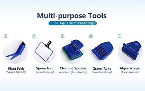 5 in 1 Aquarium/Fish Tank Cleaning Kit/Tool, Algae Scraper, Fish Net, Sponge, Plant Fork, Gravel Rake, Length 19 inches (Non-Extendable)