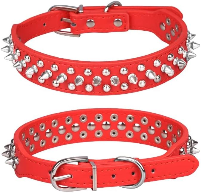 Spiked Dog Collar, Mushrooms Rivet Studded Adjustable Pu Leather Pet Collars for Cats Puppy Dogs (M, Red)