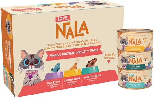 LOVE, NALA - Single Protein Flaked Wet Cat Food Variety Pack - Chicken, Tuna & White Fish - Natural, Hydration Broth, Grain-Free, Human-Grade Protein, Non-GMO, No Gums, No Carrageenan-2.8 oz,12 Cans