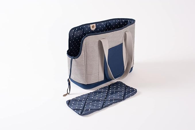 LeftPine x P.L.A.Y. Deluxe Dog Carrier Purse - Soft Sided Pet Travel Tote for Small Dogs & Puppies up to 16 Pounds - Built-in Safety Leash, Machine Washable Liner, Exterior Pocket (Navy Striped)