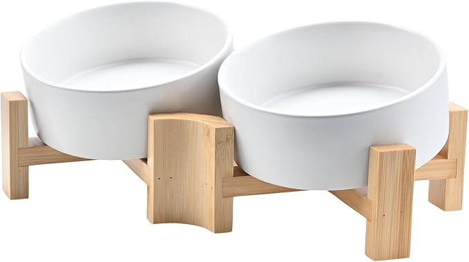 SPUNKYJUNKY 15° Slanted Ceramic Dog and Cat Bowl with Wooden Stand, Tilted Bulldog Food and Water Bowl No Slip Non-Spill for Cats Medium Dogs Big Face Pets 13.5 OZ (1.7 Cups, White × 2)