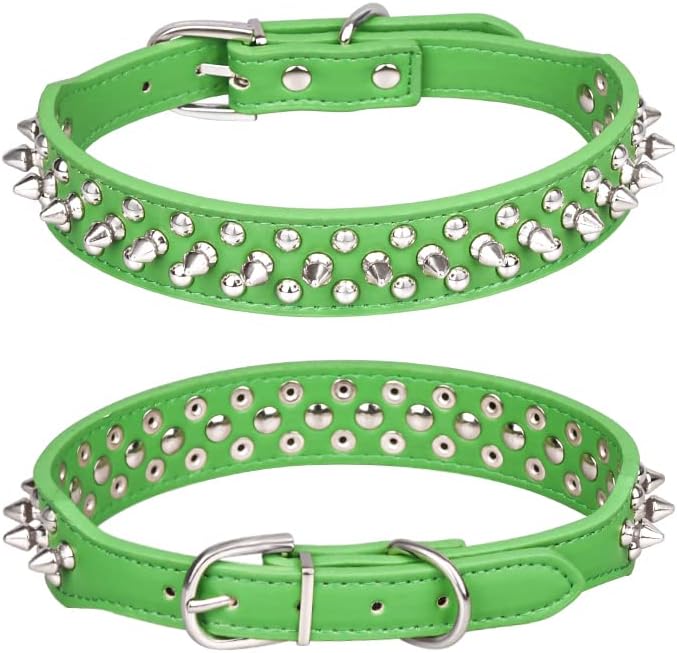 Spiked Dog Collar, Mushrooms Rivet Studded Adjustable Pu Leather Pet Collars for Cats Puppy Dogs (XS, Green)