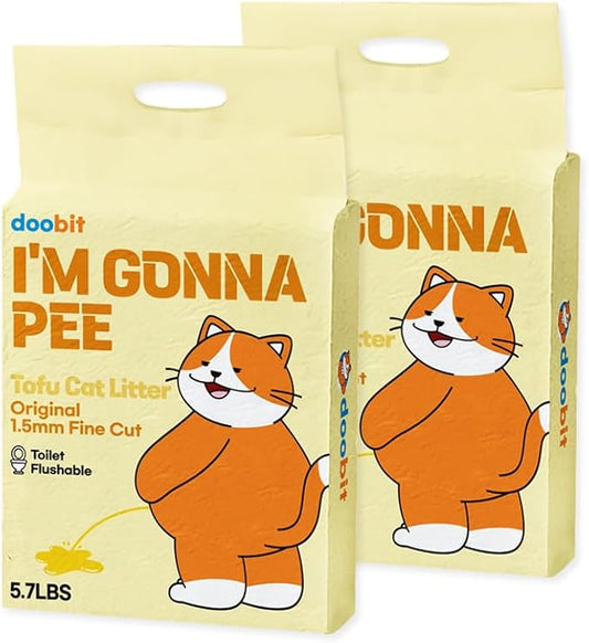 Tofu Cat Litter 1.5mm, 100% Natural Ingredients,Strong Clumping,Toilet Flushable,Solubility in Water,Ultra Absorbent, Really Dust-Free,Less Tracking, I'm Gonna Pee (5.7lb x 2pack)
