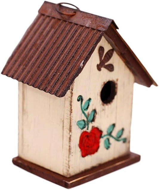 Bird House Wooden Carved Floral Birdhouse with Hanging,White Hanging Bird House for Outside