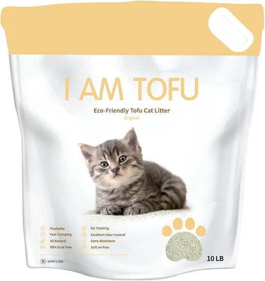 I AM TOFU - Tofu Cat Litter, Natural, Flushable, Dust Free, Extra Clumping Pellet Litter (10 LBS, Original)