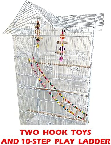 38-Inch Double Roof Top Large Flight Bird House Cage with Toys & Climbing Ladder for Cockatiels Parakeets Aviary Budgie Finch Lovebird Canary Pet Bird Travel Cage Side Nest Box Doors