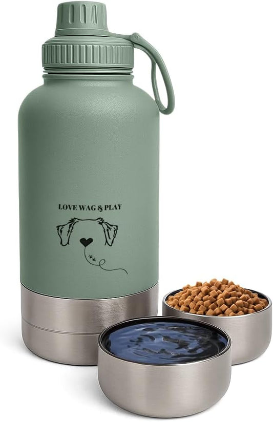 Love Wag & Play Dog Water Bottle Portable – 2 in 1 Stainless Steel Bowl for Food, Water – Leakproof Portable Water Bowl for Dog with Carry Loop – Detachable Design – Ideal for Kibble, Treats – Green