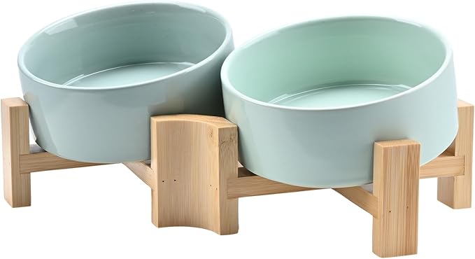 SPUNKYJUNKY 15° Slanted Ceramic Dog and Cat Bowl with Wooden Stand, Tilted Bulldog Food and Water Bowl No Slip Non-Spill for Cats Medium Dogs Big Face Pets 13.5 OZ (1.7 Cups, Morandi Green × 2)