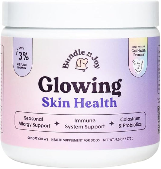 Glowing Skin and Coat Supplement for Dogs, 90 Soft Chews, Probiotics for Dogs with Colostrum, Omega 3 Fatty Acids, Salmon Oil, and Turmeric, Supports Seasonal Allergies & Itchiness