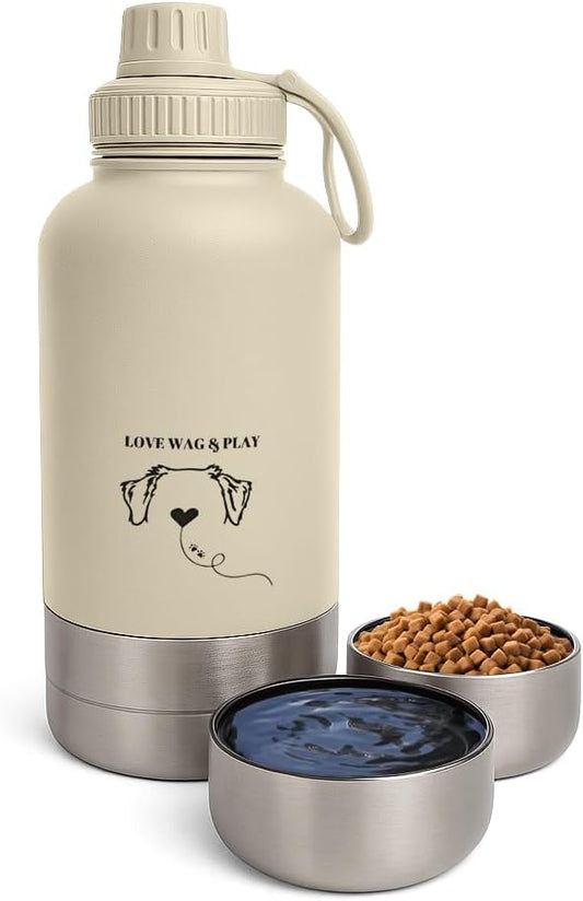 Love Wag & Play Dog Water Bottle Portable – 2 in 1 Stainless Steel Bowl for Food, Water – Leakproof Portable Water Bowl for Dog with Carry Loop – Detachable Design – Ideal for Kibble, Treats – Beige