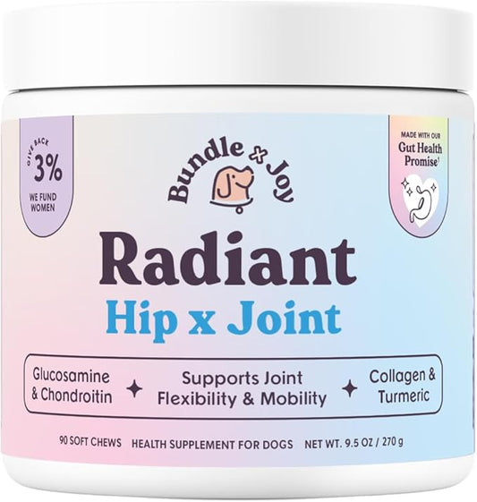 Radiant Hip and Joint Support Supplement for Dogs, 90 Soft Chews, Glucosamine Chondroitin for Dogs with Collagen, Turmeric, MSM, Colostrum, Helps Support Mobility and Flexibility