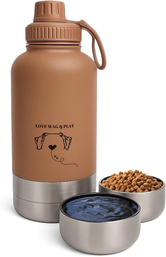 Love Wag & Play Dog Water Bottle Portable – 2 in 1 Stainless Steel Bowl for Food, Water – Leakproof Portable Water Bowl for Dog with Carry Loop – Detachable Design – Ideal for Kibble, Treats (Brown)