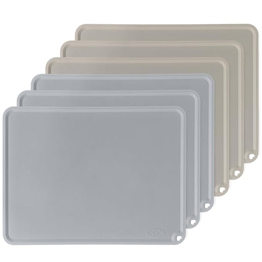 KVK Silicone Placemats for Toddlers Thicker Version, Non-Slip Reusable Kids Placemats for Dining Table, Stain-Proof Baby Table Mat for Restaurants 6 Packs (Light Gray&Beige)