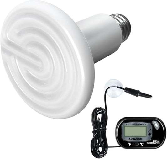 Simple Deluxe 100W Ceramic Heat Lamp Reptile Heat Emitter Heater Lamp Bulb No Light with Free Digital-Thermometer, for Pet Brooder Coop Chicken, Turtle Lizard Snake Aquarium Tank, White